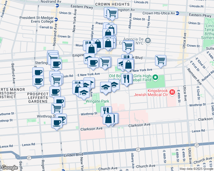 map of restaurants, bars, coffee shops, grocery stores, and more near 540 Kingston Avenue in Brooklyn
