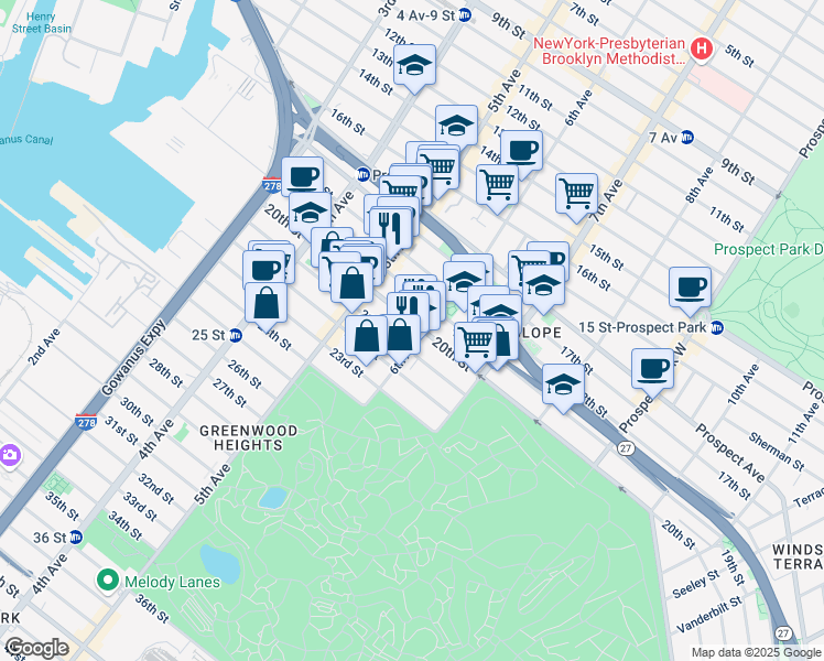 map of restaurants, bars, coffee shops, grocery stores, and more near 691 6th Avenue in Brooklyn