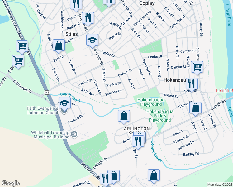 map of restaurants, bars, coffee shops, grocery stores, and more near 3230 Flatrock Drive in Hokendauqua