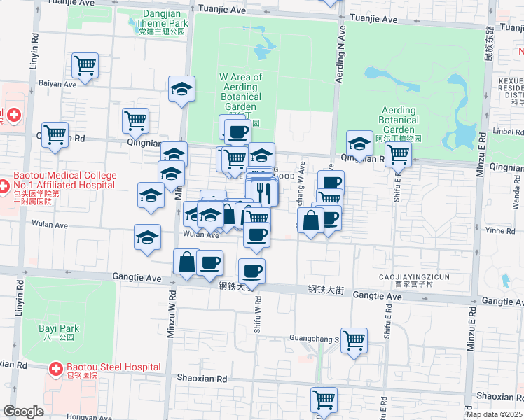map of restaurants, bars, coffee shops, grocery stores, and more near in Baotou