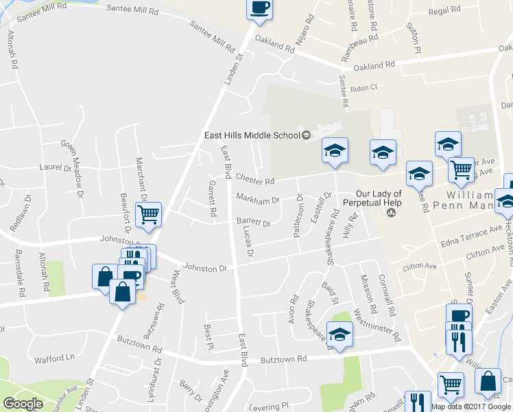 map of restaurants, bars, coffee shops, grocery stores, and more near 1746 Markham Drive in Bethlehem