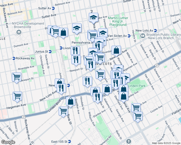 map of restaurants, bars, coffee shops, grocery stores, and more near 296 New Lots Avenue in Brooklyn