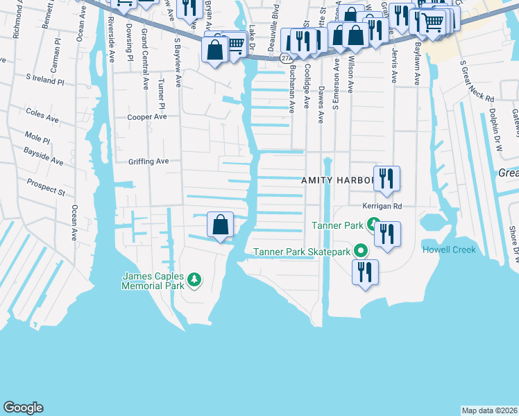 map of restaurants, bars, coffee shops, grocery stores, and more near 32 Gibbs Road in Copiague