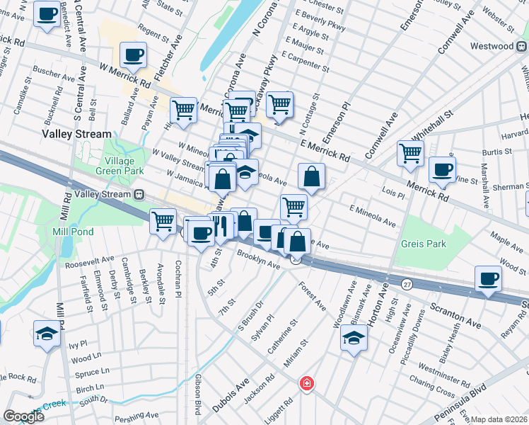 map of restaurants, bars, coffee shops, grocery stores, and more near 64 East Jamaica Avenue in Valley Stream