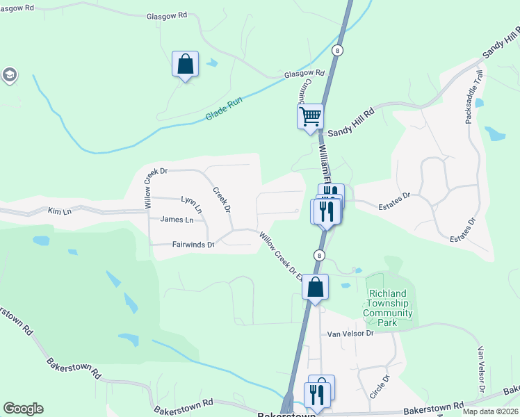 map of restaurants, bars, coffee shops, grocery stores, and more near 101 Bellefield Court in Gibsonia