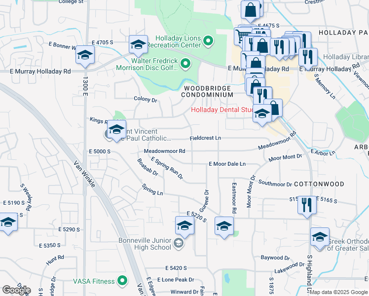 map of restaurants, bars, coffee shops, grocery stores, and more near 1617 Meadowmoor Road in Holladay