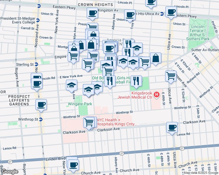 map of restaurants, bars, coffee shops, grocery stores, and more near 570 Albany Avenue in Brooklyn