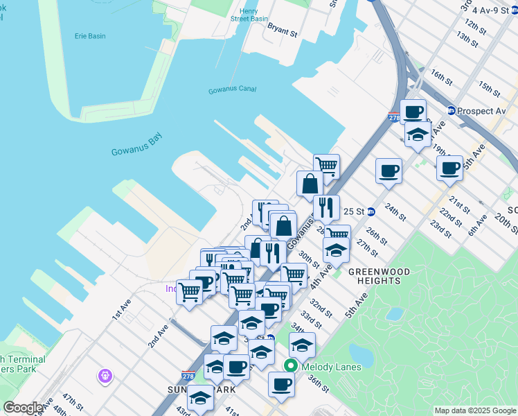 map of restaurants, bars, coffee shops, grocery stores, and more near 392 2nd Avenue in Brooklyn