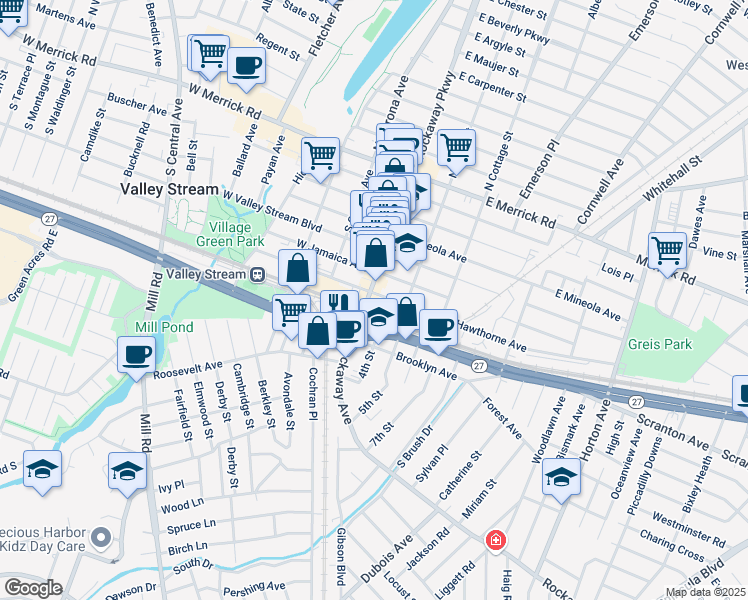 map of restaurants, bars, coffee shops, grocery stores, and more near 245 Rockaway Avenue in Valley Stream