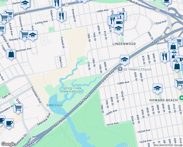map of restaurants, bars, coffee shops, grocery stores, and more near 15649 Amber Street in Queens
