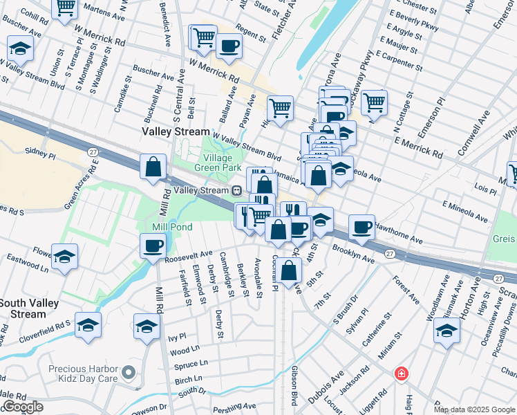 map of restaurants, bars, coffee shops, grocery stores, and more near 43 Sunrise Plaza in Valley Stream