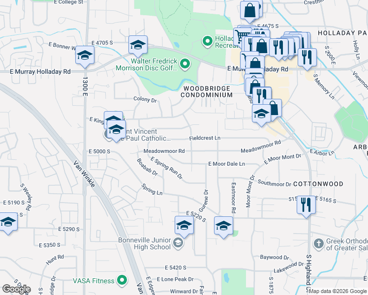 map of restaurants, bars, coffee shops, grocery stores, and more near 1617 Meadowmoor Road in Holladay
