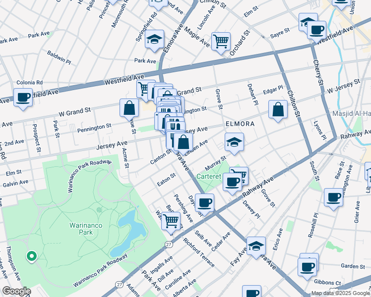 map of restaurants, bars, coffee shops, grocery stores, and more near 533 Linden Avenue in Elizabeth