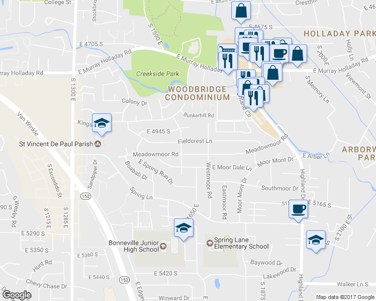 map of restaurants, bars, coffee shops, grocery stores, and more near 1665 Meadowmoor Road in Holladay