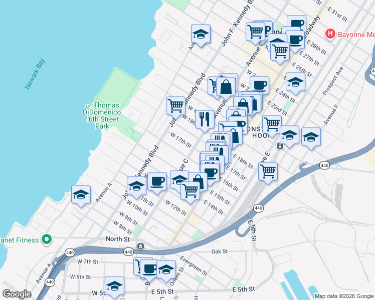 map of restaurants, bars, coffee shops, grocery stores, and more near 392 Avenue C in Bayonne