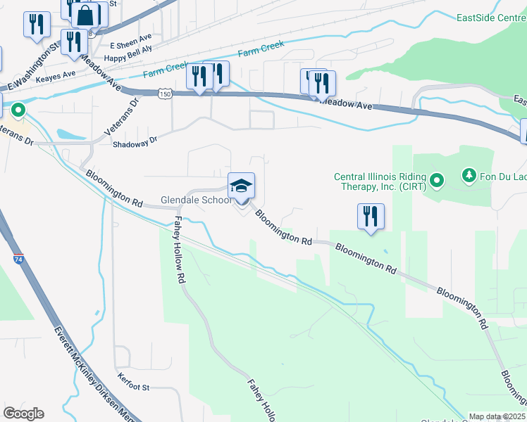 map of restaurants, bars, coffee shops, grocery stores, and more near 1101 Bloomington Road in East Peoria