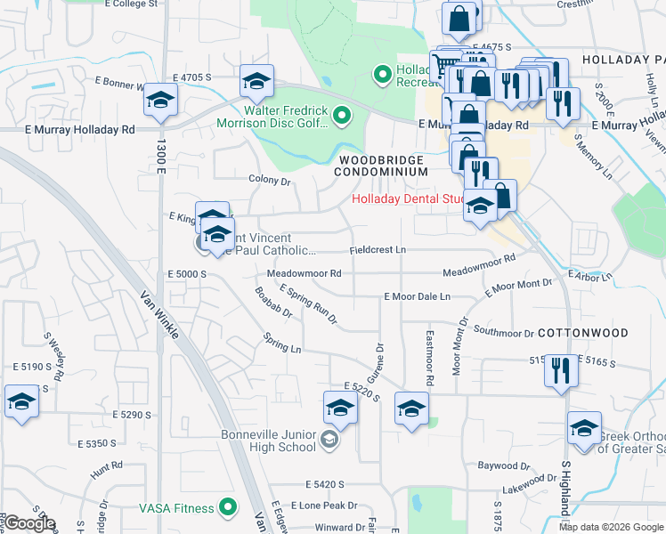 map of restaurants, bars, coffee shops, grocery stores, and more near 1607 Meadowmoor Road in Holladay