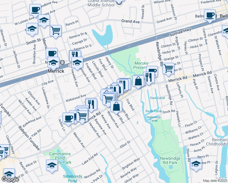 map of restaurants, bars, coffee shops, grocery stores, and more near 139 Lincoln Boulevard in Merrick