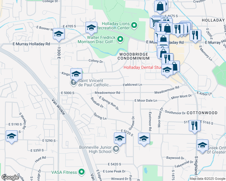 map of restaurants, bars, coffee shops, grocery stores, and more near 1583 Meadowmoor Road in Holladay