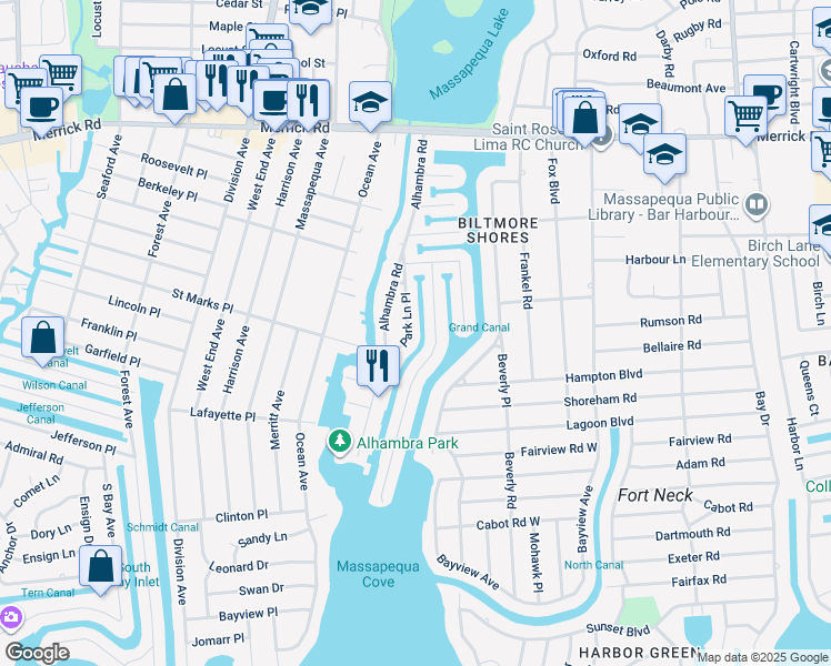 map of restaurants, bars, coffee shops, grocery stores, and more near 17 Park Lane Place in Massapequa