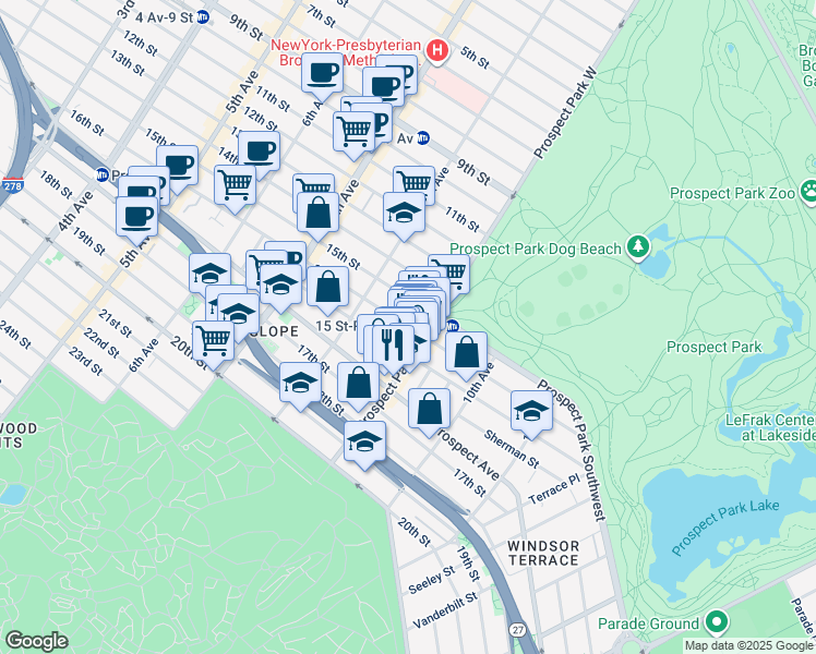 map of restaurants, bars, coffee shops, grocery stores, and more near 447 16th Street in Brooklyn