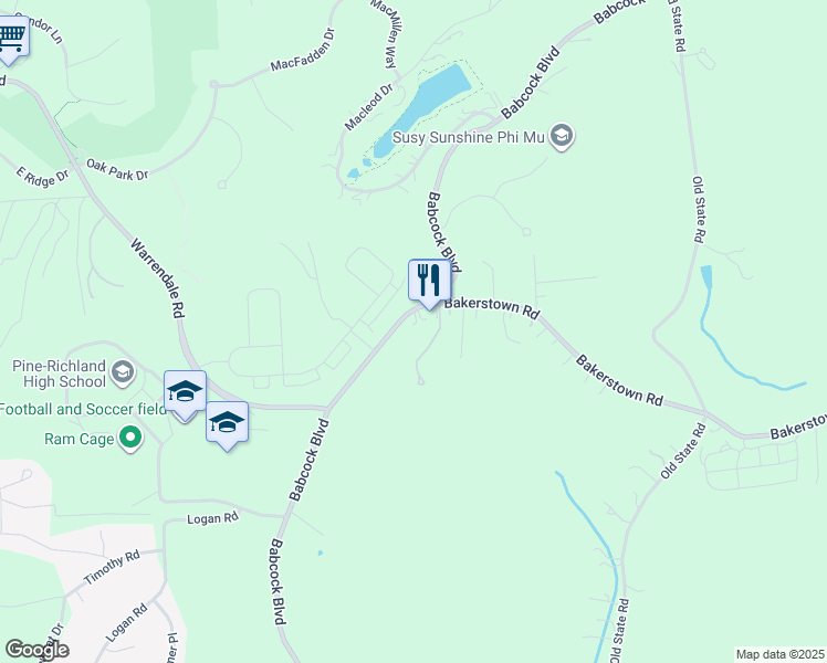 map of restaurants, bars, coffee shops, grocery stores, and more near 11083 Babcock Boulevard in Gibsonia