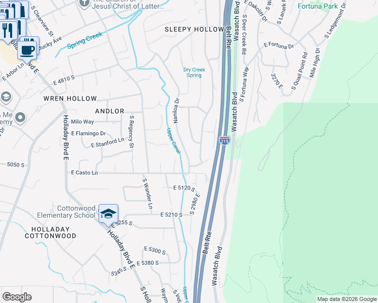 map of restaurants, bars, coffee shops, grocery stores, and more near 4999 Naniloa Drive in Holladay