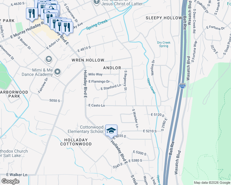 map of restaurants, bars, coffee shops, grocery stores, and more near 2730 East Swasont Way in Holladay