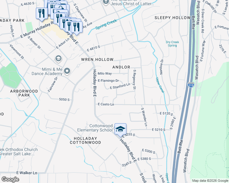 map of restaurants, bars, coffee shops, grocery stores, and more near 4991 South Valene Street in Holladay