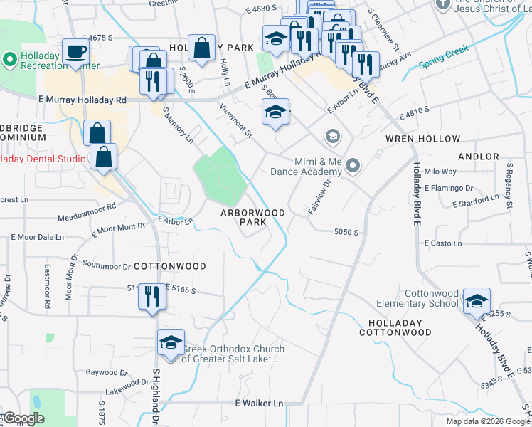 map of restaurants, bars, coffee shops, grocery stores, and more near 5003 South Memory Lane in Holladay