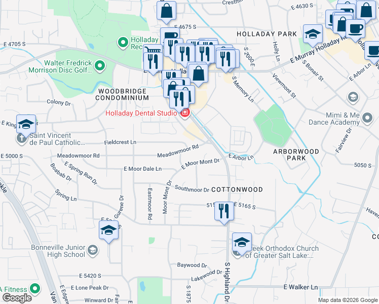 map of restaurants, bars, coffee shops, grocery stores, and more near 1854 Meadowmoor Road in Salt Lake City