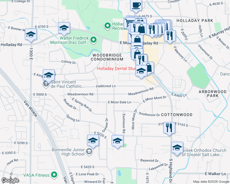map of restaurants, bars, coffee shops, grocery stores, and more near 4986 Westmoor Road in Salt Lake City