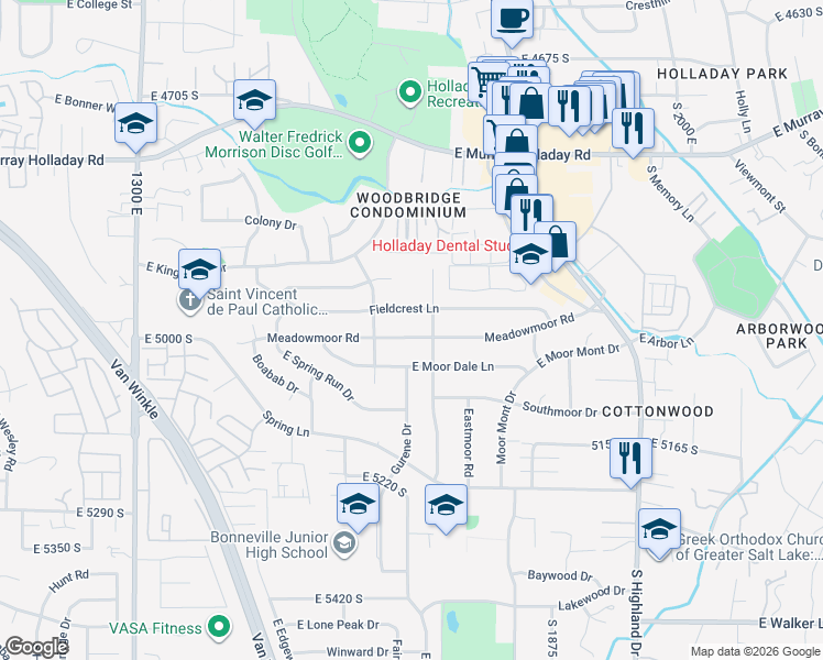 map of restaurants, bars, coffee shops, grocery stores, and more near 4986 Westmoor Road in Salt Lake City