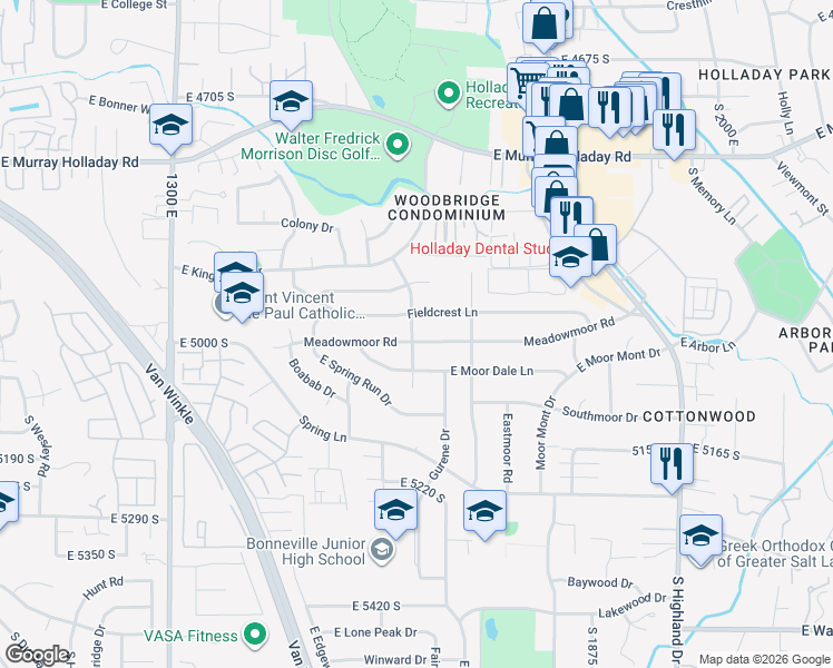 map of restaurants, bars, coffee shops, grocery stores, and more near 1665 Meadowmoor Road in Holladay