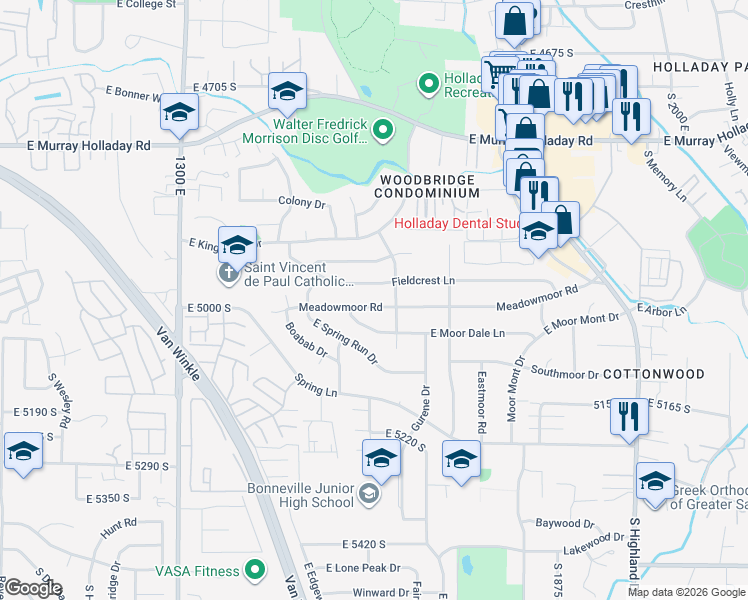map of restaurants, bars, coffee shops, grocery stores, and more near 1607 Meadowmoor Road in Holladay