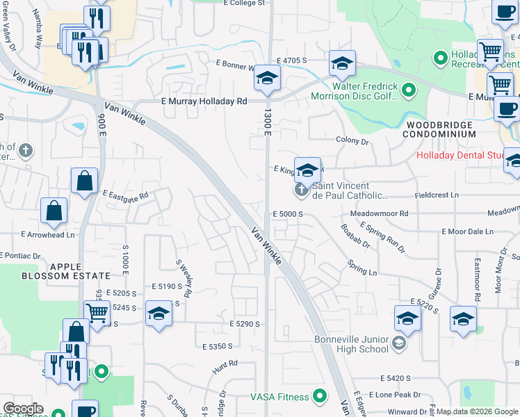 map of restaurants, bars, coffee shops, grocery stores, and more near 5002 Timber Way in Millcreek