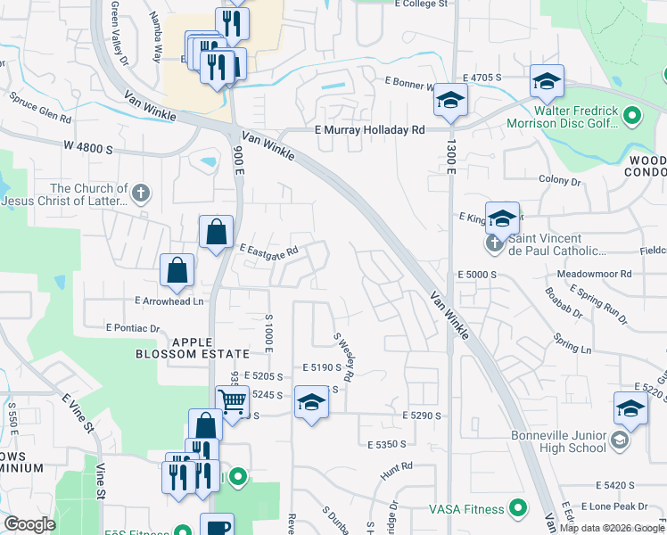 map of restaurants, bars, coffee shops, grocery stores, and more near 5013 South 1065 East in Salt Lake City