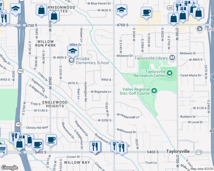 map of restaurants, bars, coffee shops, grocery stores, and more near 4998 South Unsworth Cove in Taylorsville