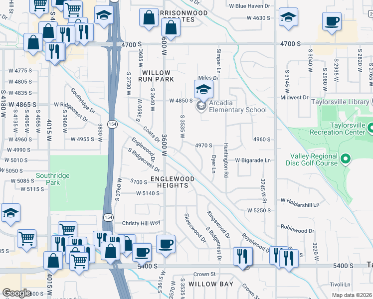 map of restaurants, bars, coffee shops, grocery stores, and more near 3526 Valley Heights Drive in Salt Lake City