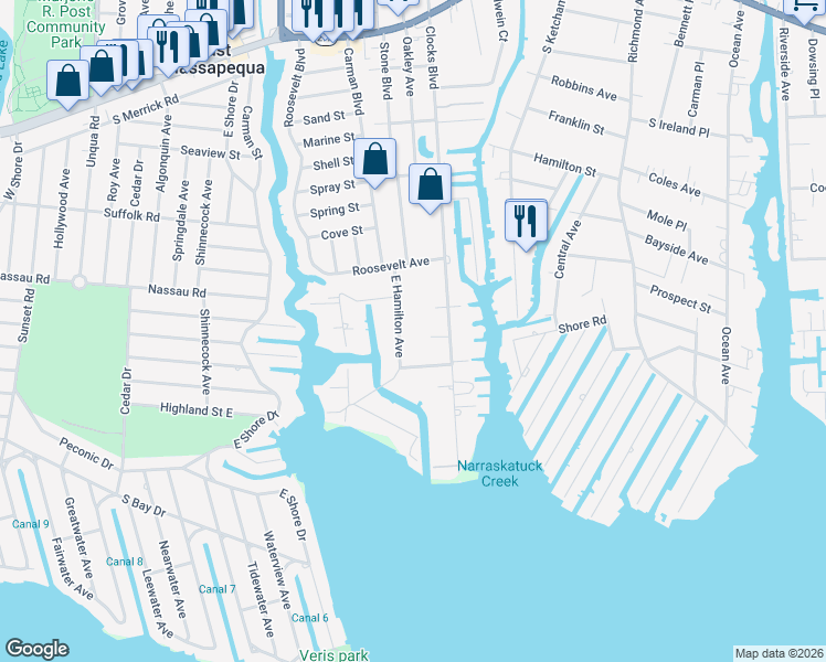 map of restaurants, bars, coffee shops, grocery stores, and more near 16 East Hamilton Avenue in Massapequa