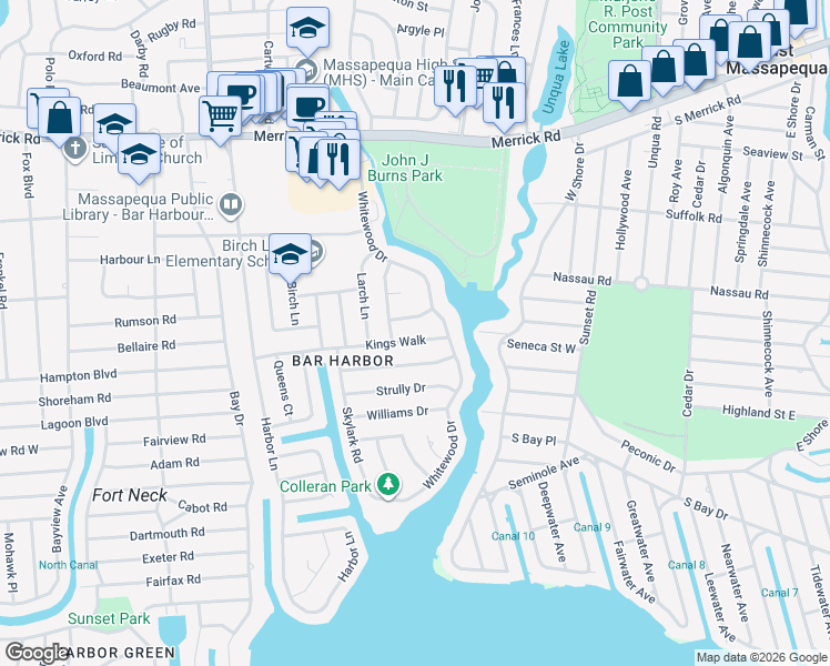 map of restaurants, bars, coffee shops, grocery stores, and more near 113 Kings Walk in Massapequa Park