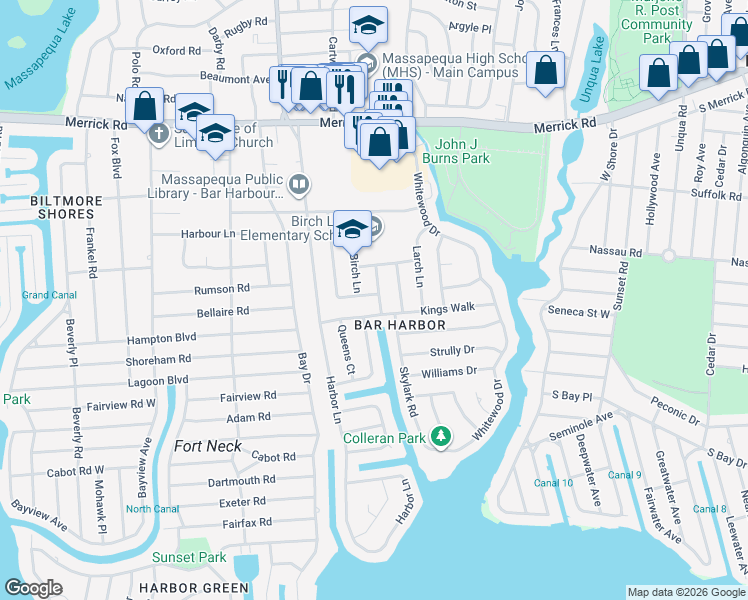 map of restaurants, bars, coffee shops, grocery stores, and more near 106 Laurel Drive in Massapequa Park