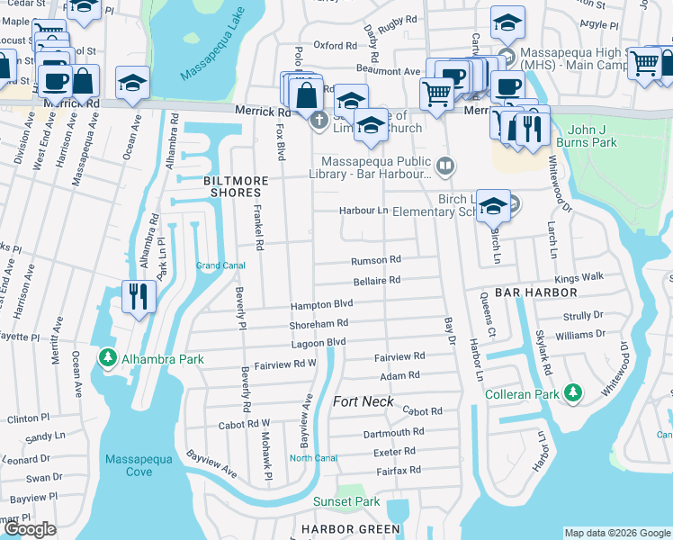 map of restaurants, bars, coffee shops, grocery stores, and more near 17 Bellaire Road in Massapequa