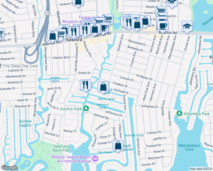 map of restaurants, bars, coffee shops, grocery stores, and more near 24 Garfield Place in Massapequa