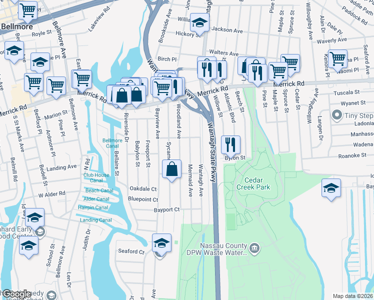 map of restaurants, bars, coffee shops, grocery stores, and more near 2429 Mermaid Avenue in Wantagh
