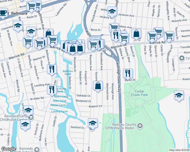 map of restaurants, bars, coffee shops, grocery stores, and more near 2426 Bayview Avenue in Wantagh