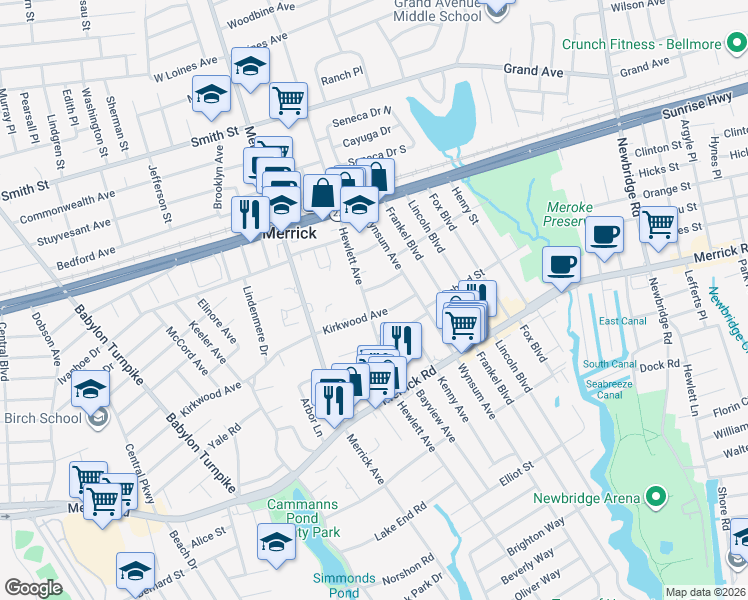 map of restaurants, bars, coffee shops, grocery stores, and more near 97 Hewlett Avenue in Merrick