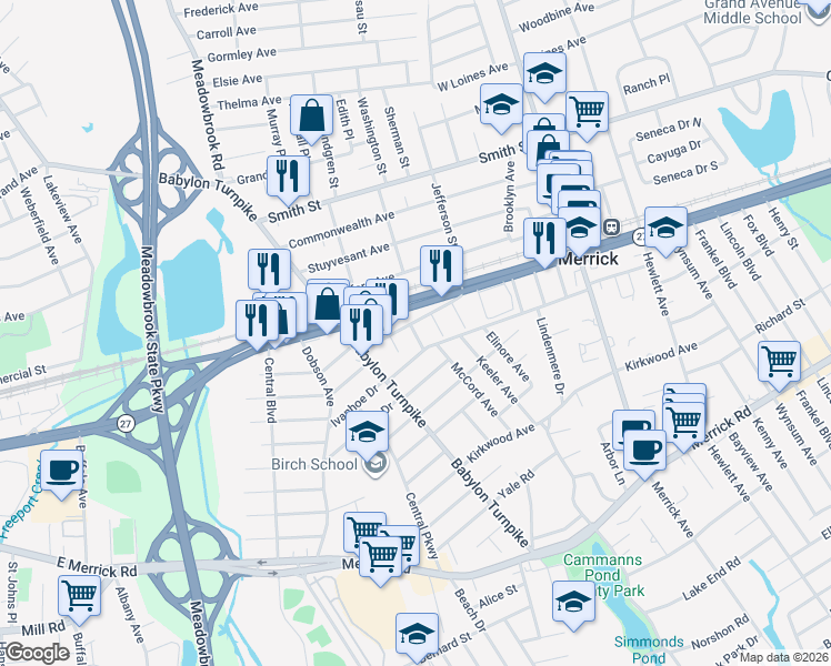 map of restaurants, bars, coffee shops, grocery stores, and more near 11 Girard Place in Merrick
