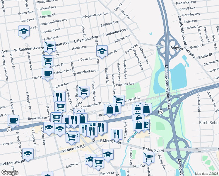 map of restaurants, bars, coffee shops, grocery stores, and more near 45 Shonnard Avenue in Freeport