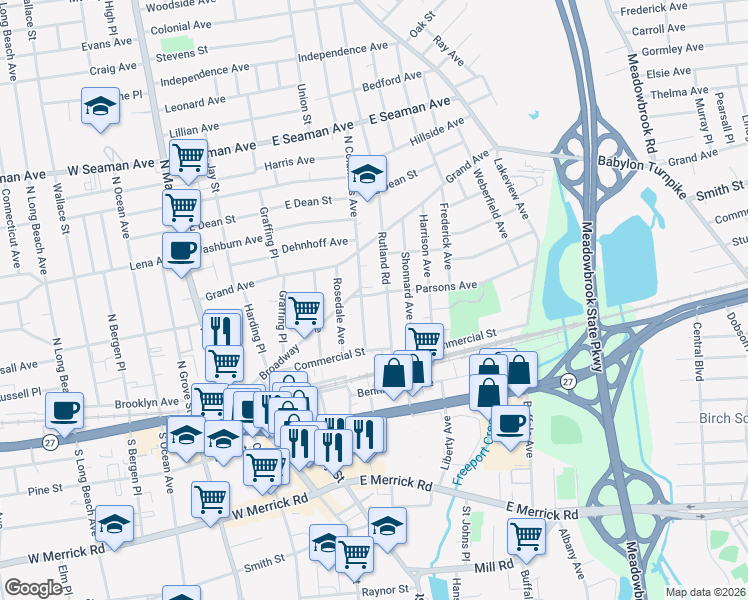 map of restaurants, bars, coffee shops, grocery stores, and more near 76 North Columbus Avenue in Freeport